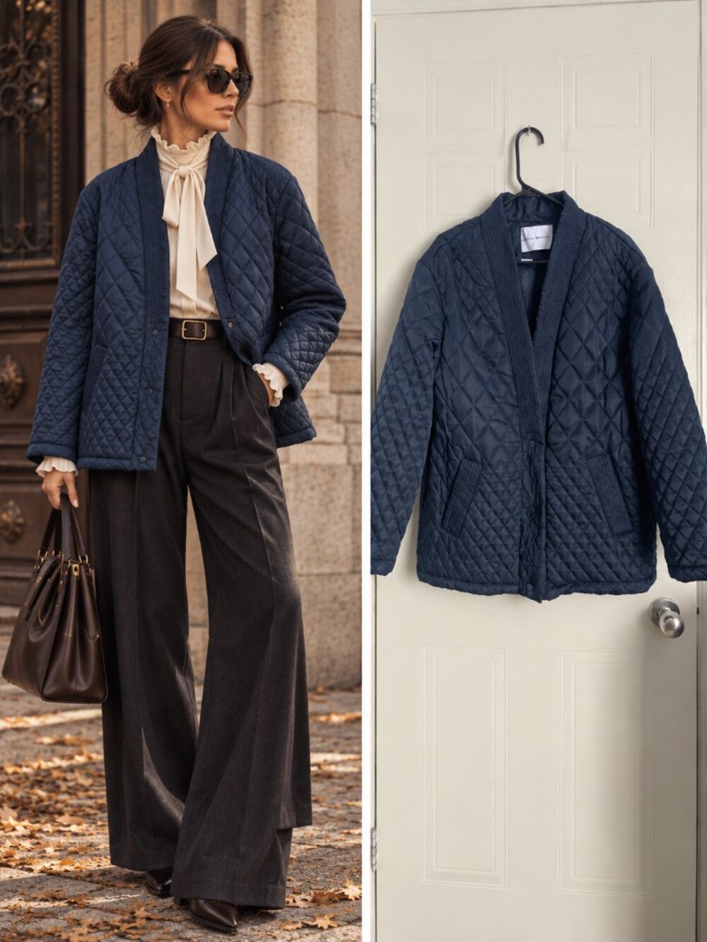 Rebecca Minkoff Navy Diamond Quilted Jacket Relaxed Boxy Quiet Luxury Fall NWT M